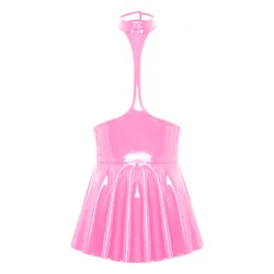 Womens Patent Leather Open Chest Halter Ruffled Latex Dress Clubwear Wet Look Sleeveless Backless Dresses Lingerie Nightwear