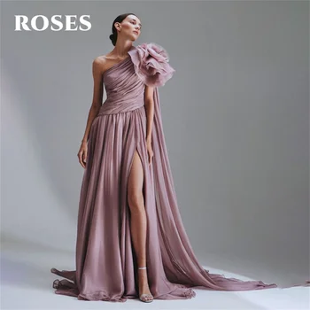 ROSES Purple Chiffion 3D Flower Evening Gown Beach Elegant Prom Dress One Shoulder Evening Dress with Side Split Customized 1
