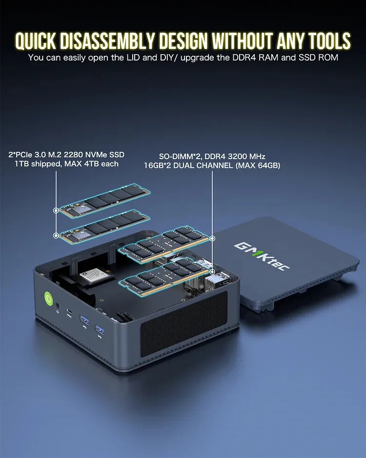 GMKtec M5 미니 PC 데스크탑 게임용 컴퓨터, 업데이트 버전 R7 5700U, Win 11 Pro DDR4 NVME SSD, PCIE 3.0, Wifi6 BT5.2, 듀얼 2.5G Lan