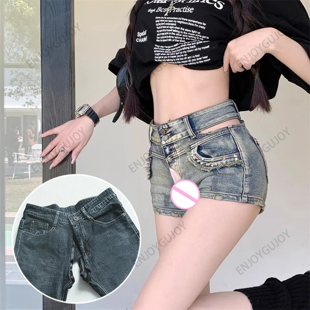 

Denim Shorts for Women, Invisible Open Crotch, Low Waisted, Tight Hot Pants, Spicy Girl, Sexy Straight Leg, Buttocks, Outdoor Se