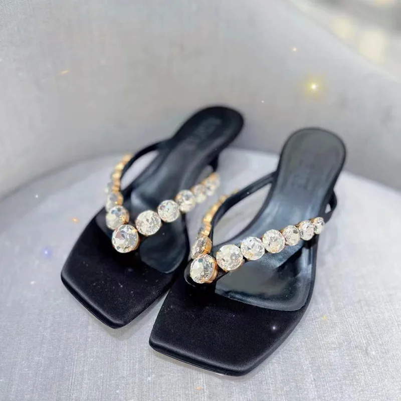 Pinch Toe High Heel Slippers for Women's Diamond Herringbone Slippers with Thin Heels and Square Toe Sandals for External Wear