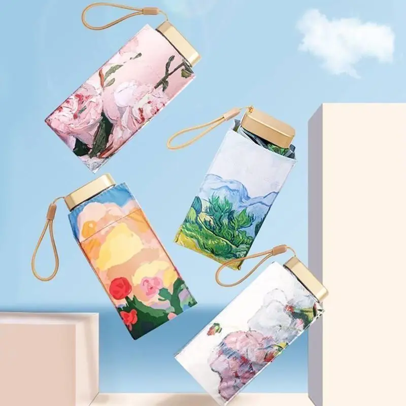 Mini Sun Umbrella Rose Oil Painting Small Pocket Rain Umbrella Folding UV Ultraviolet Protection Sun Shade Parasol