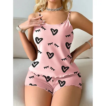 2PCS Women Pajama Set Heart Print Cami Top and Shorts Cute Satin Sleepwear Loungewear Summer Nightwear Homewear Outfit