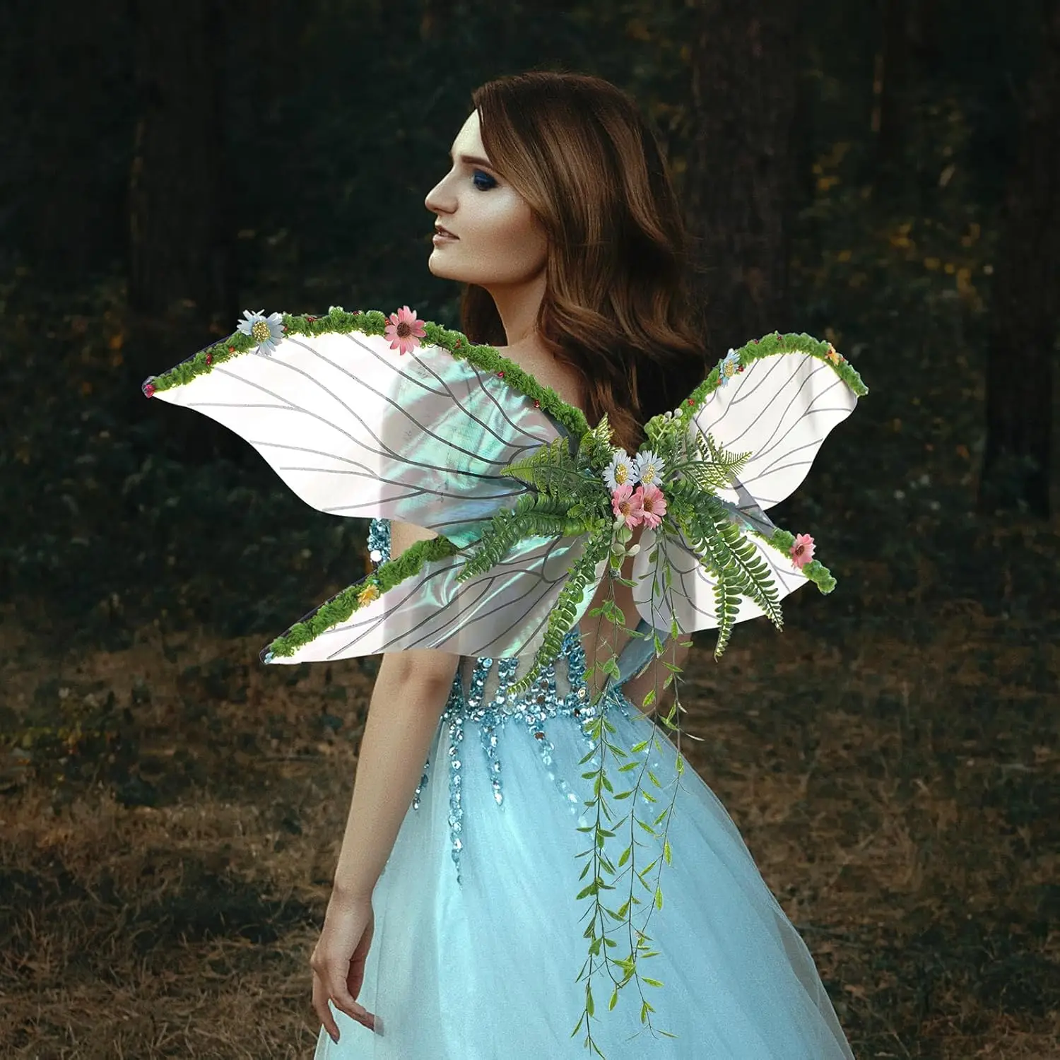 Lila Feenflügel für Erwachsene – Schmetterlingsflügel, Waldelfenflügel mit lila Blumen, Blättern und Ranken, Fotoshooting, Rollenspiele – Detail 11