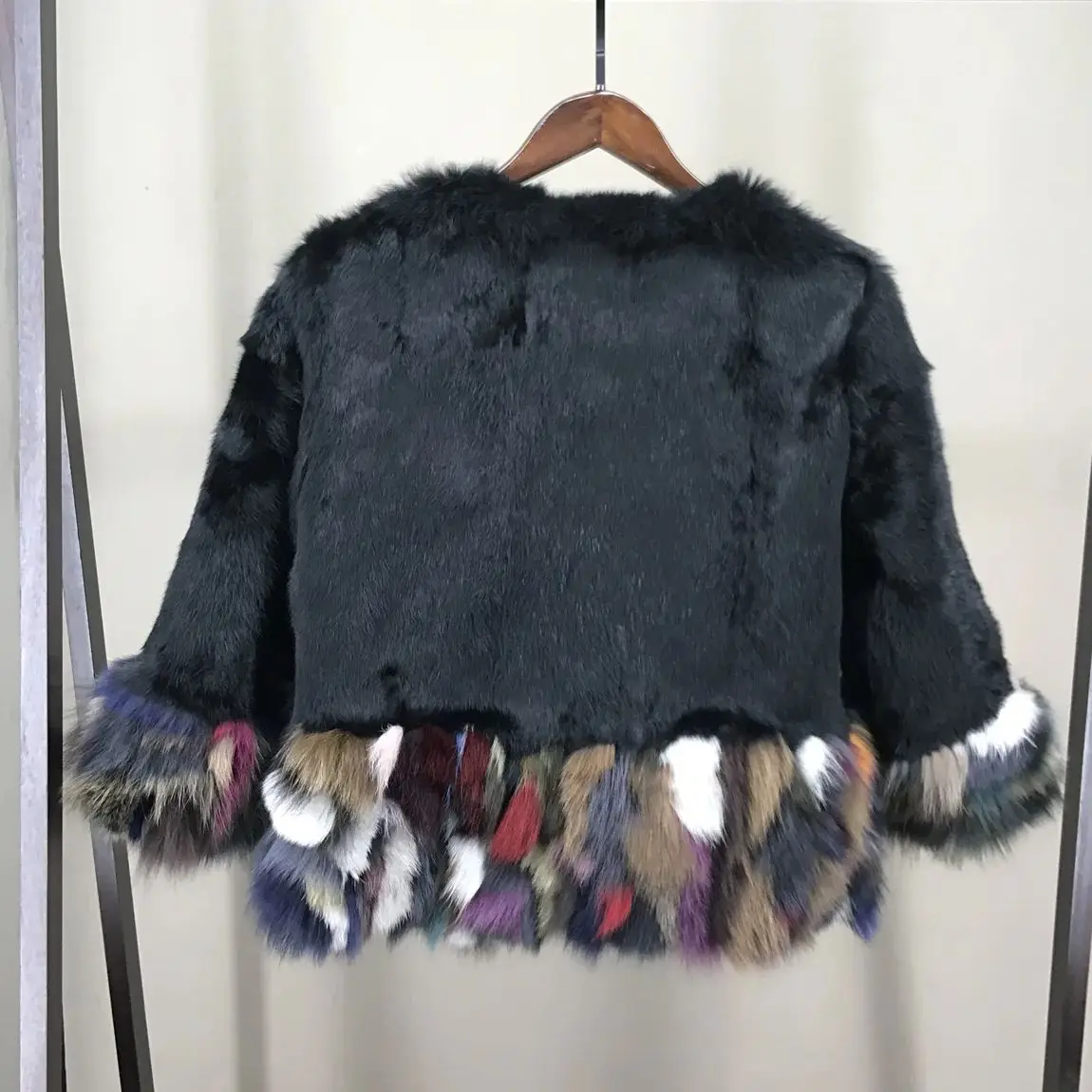 Natural Rabbit Fur Short Coat Jacket Whole Skin Fox  Patchwork Cuffs Woman Fashion Thick Warm 2023 Autumn Winter Clothes B230607