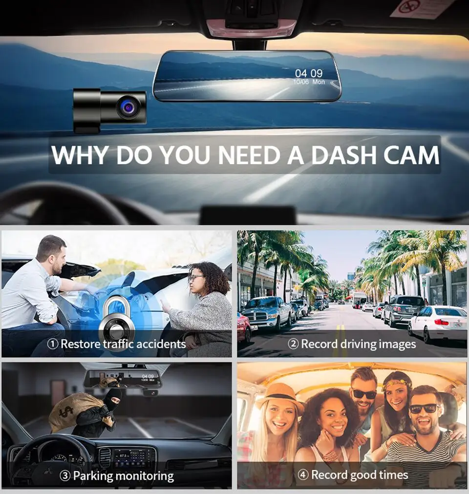 S6574bc4067de4e3194a310a33245a449F 3 Channels Mirror Camera WiFi Car Video Recorder Rearview mirror Dash Cam Front and Inside with Rear Camera Mirror DVR Black Box