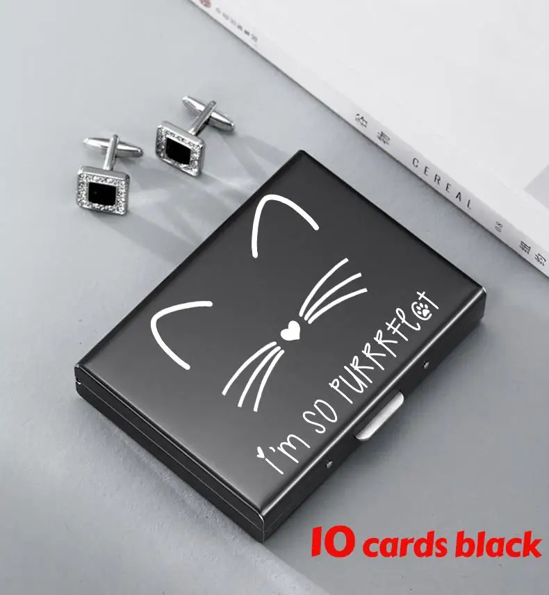 Sleek Cat-Themed Stainless Steel Card Holder Wallet – 10 Slot Multifunctional Design
