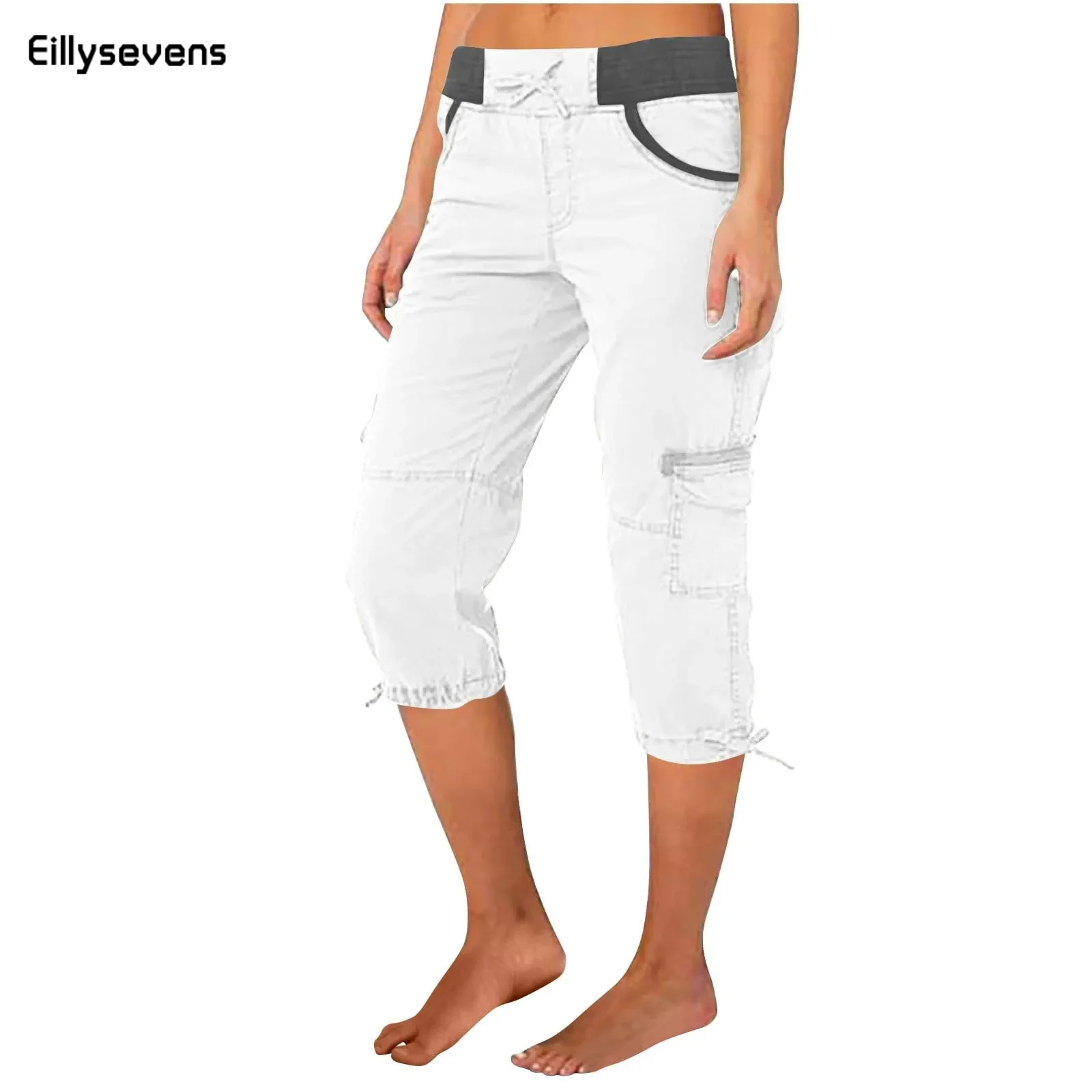 

Women Stretch Pants Solid Color Mid-Calf Length Flap Pockets Stretchy Waist Cropped Pants Female Casual Capris Clothing