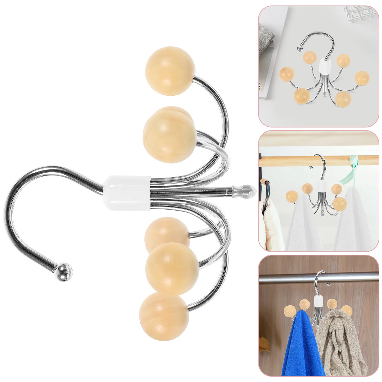 

Belt Organizer With 6-hooks Multifunctional Closet Organizer Wood Ball Rotation Hook for Home