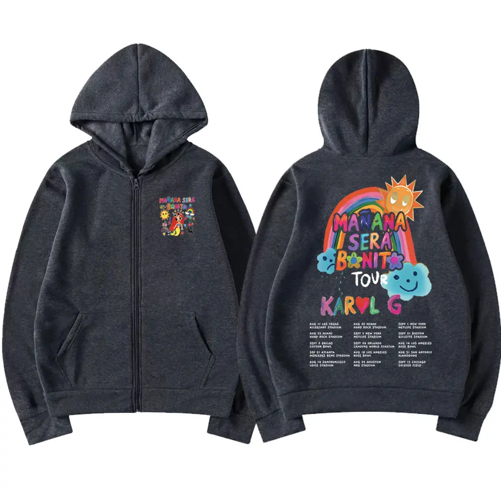 Singer Karol G Heart Mañana Sera Bonito Music Album Tour Graphics Zipper Hoodie Men Women Fashion Oversized Fleece Zip Up Jacket