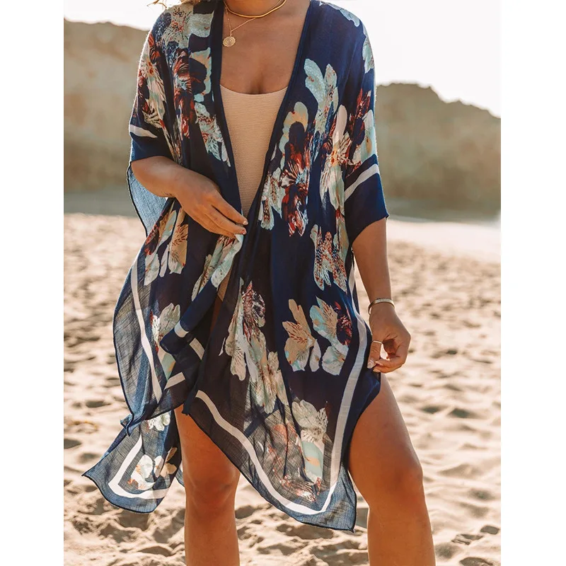 The New 2022 Europeans Printed Cotton Leaves Beach Blouse is Prevented Bask in Beach Dress Sexy Cardigan Bikini Cover ups bikini cover up dress Cover-Ups