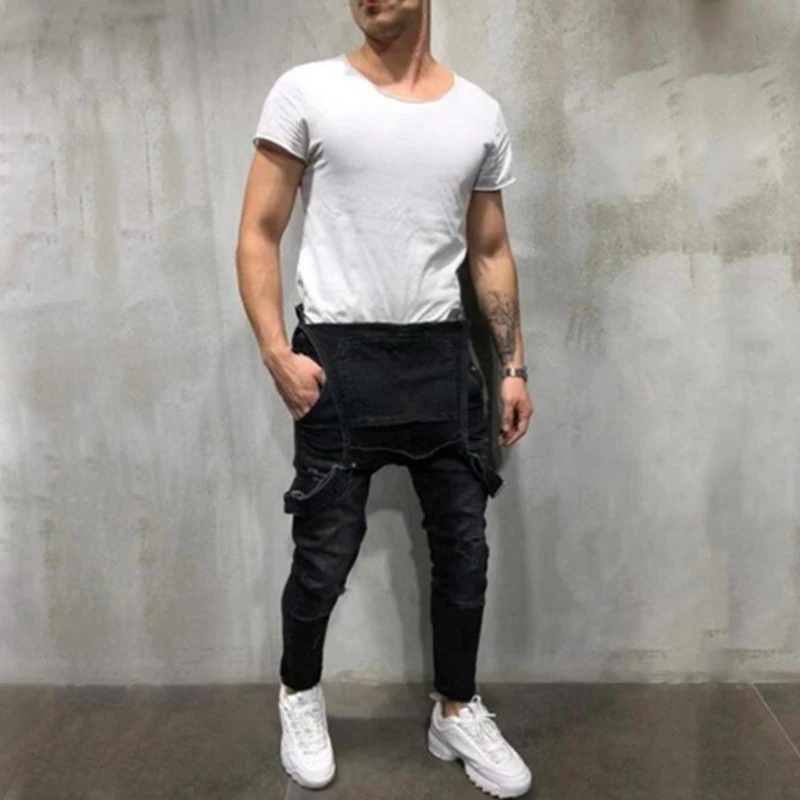Men's Biker Jeans Bib Overalls Jumpsuits Streetwear Casual Stretch Ripped Dungarees Strap Jeans