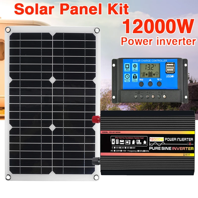 Kit Pannello Solare 12000W 10000W Da 12V A 220V/110V Inverter Di Potenza A Onda Sinusoidale Pura Controller Caricabatteria Per Camper Travel Van Campe