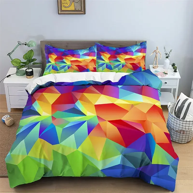 Abstract Geometric Duvet Cover Microfiber Queen Bedding Set For Boys Girls Room Rainbow Plaid Print Quilt Cover With Pillowcase 3