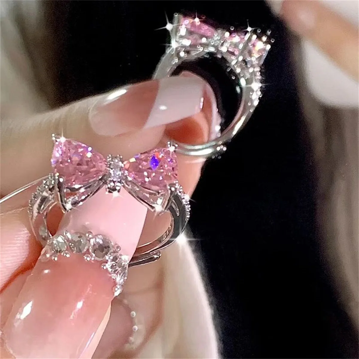 Fashion Sparkling Pink Bow Rhinestone Rings Y2K Sweet Girls Zircon Exquisite Opening Finger Ring for Women Party Jewelry Gifts zircon rings,crystal rings