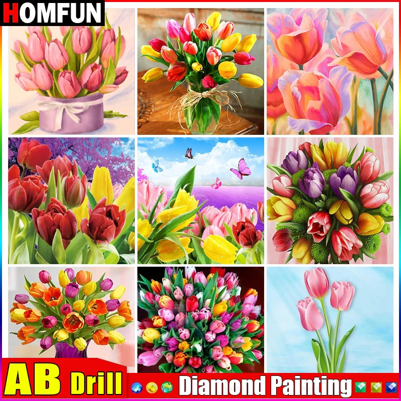 Diamond Painting HOMFUN AB 'Flower Tulip' Diamond Painting 5D Full Square/Round Drill Home Decor DIY Diamond Embroidery Cross Stitch