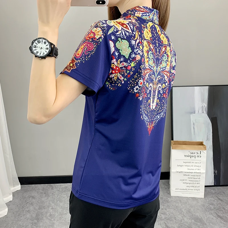 Women's Unique Print Outdoor Sports T-shirts Breathable Quick Dry Workout Shirt Running Hiking Camping Stand Collar Top Clothing