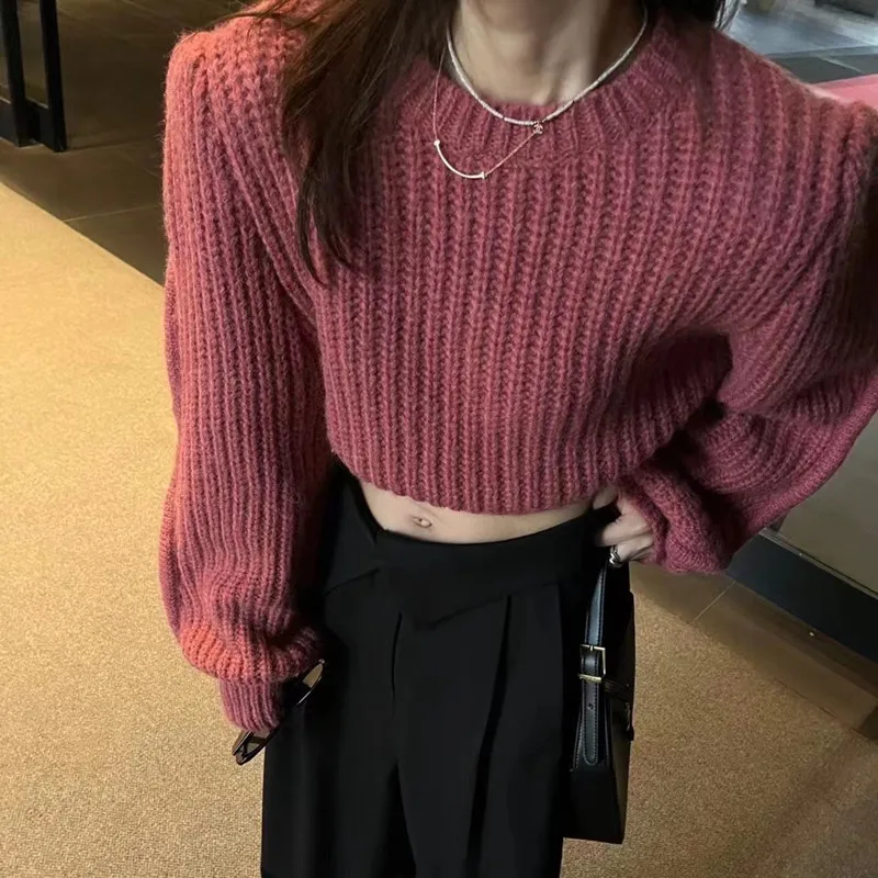 New Autumn Winter Women's O Neck Long Sleeve Pullover Sweater Fashion 2025 Solid Color Elegant Loose Knitwear Casual Short Top