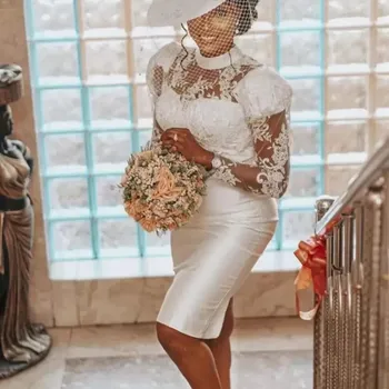 무릎 길이 스트레이트 웨딩 드레스, 긴 소매 흰색 새틴 신부 피로연 가운, 레이스 아플리케, 하이넥 짧은 베스티도 2023