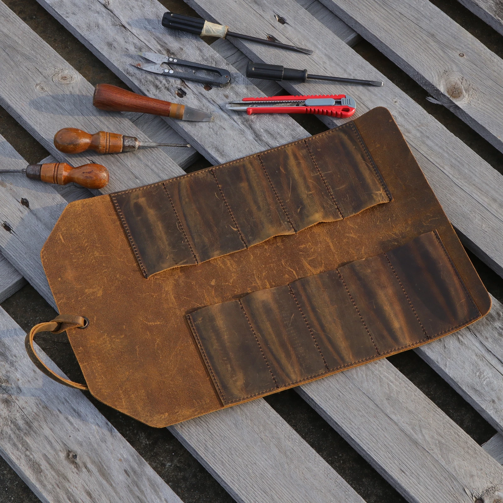 TOURBON Werkzeugrolle Aus Gewachster Leinwand - 15 Taschen Organizer