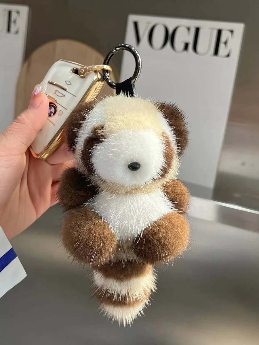 

Cute Raccoon Real Mink Fur Keychain Plush Toy Trinkets Women Bag Hanging Ornaments Car Key Metal Ring Pendant Kids Classic Gift