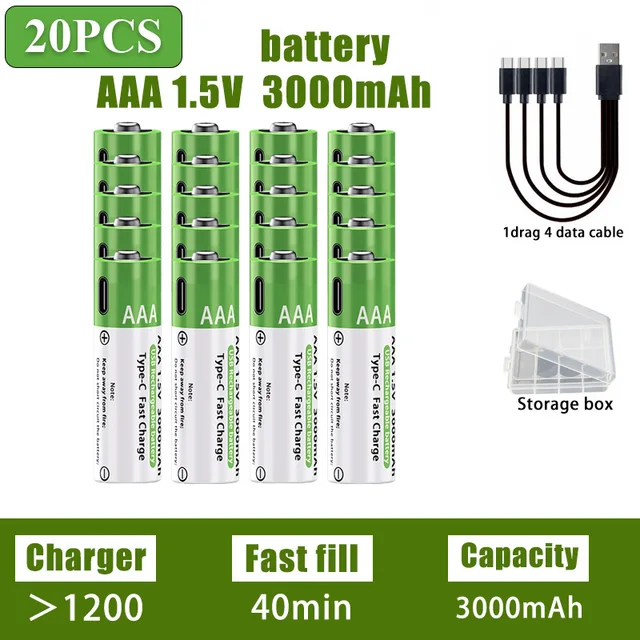 AA/AAA Rechargeable Battery 3000mAh/3800mAh Lithium Battery 1.5V Constant Voltage Fast Charging Type-C For Remote Mouse Toy Ect 12