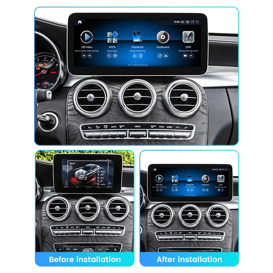 Qualcomm Autoradio 8 Go + 128 Go Android 14 DAB+ Pour Mercedes-Benz Classe C W204 S204 NTG 4.0 Avec Navigation GPS CarPlay Android Auto WiFi 4G