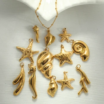 Collana in acciaio inossidabile Conchiglia Ciondolo stile oceano Stella marina Conchiglia Ippocampo Ciondoli fai da te PVD Catena di perline Collane da donna 1