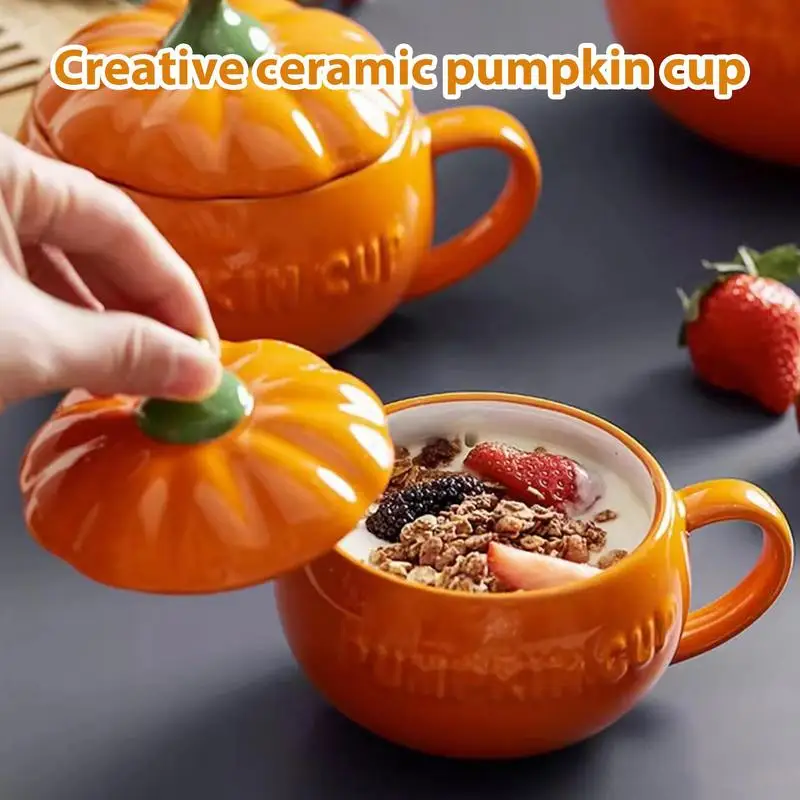 

Halloween Pumpkin Cup with Lid Ceramic Tea Cup cute Coffee Mug Pumpkin Shape Pudding Cup Food Serving bowl Halloween mugs