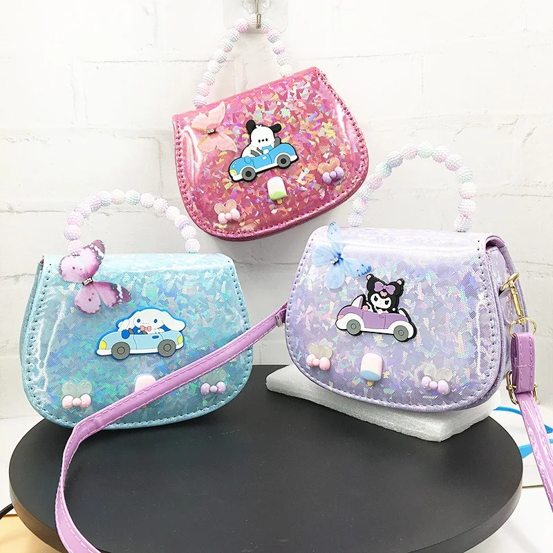 

16Cm Kuromi Cinnamoroll Pc Dog Kawaii Sanrioed Cartoon Kids Messenger Bag Cute Lolita Glitter Handbag for Leisure Outings