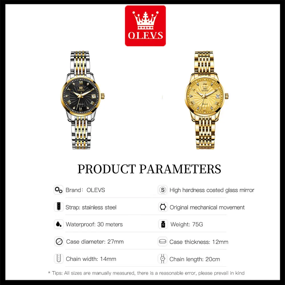 OLEVS New Watches for Women Automatic Movement Mechanical Female Wristwatch Luxury Stainless Steel Elegant Women's Watches Reloj