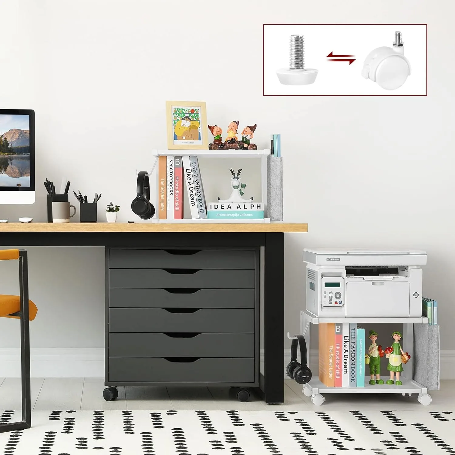 Printer Stand Under Desk Printer Table with Wheels 2 Tier Small Cart with Storage Bag Desktop White Stands