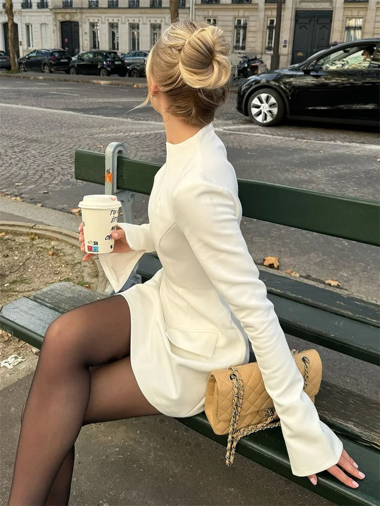 Female Autumn Elegant Mini Dress Women's Pocket Patchwork Slim Long Sleeve Commute Clothes Female Solid Casual Mini Dress