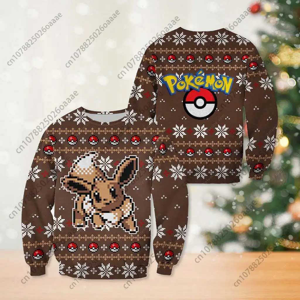 

Рождественский свитер Pokemon Eevee Eeveelution, Аниме Пикачу, Рождественский свитер для мужчин и женщин, Аниме Пикачу, свитер с круглым вырезом