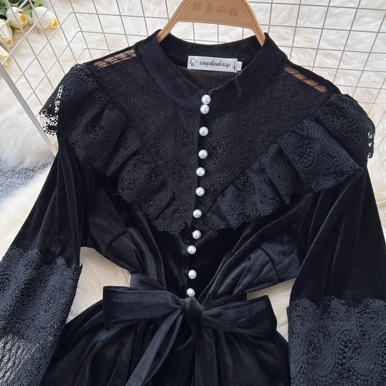 فستان فرنسي عتيق مطرز بالدانتيل من المخمل للنساء ب...