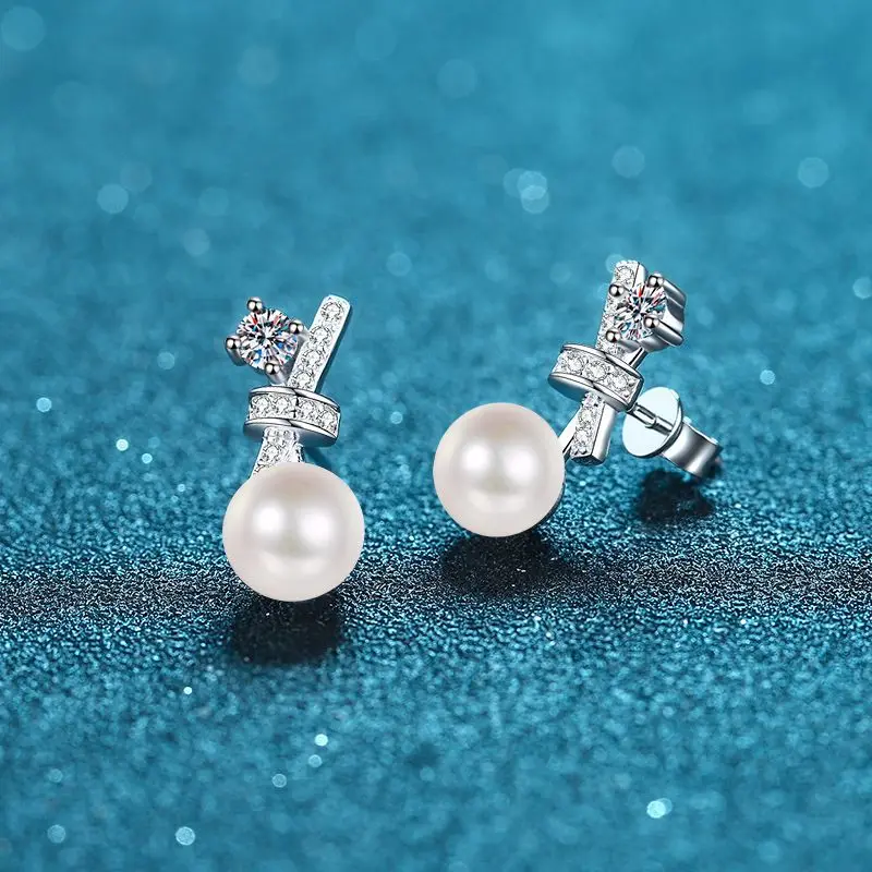 0.72ct Moissanite Cross Stud Earrings for Women 8mm FreshWater Pearl S925 Sterling Silver Wedding Fine Jewelry Drop Shipping