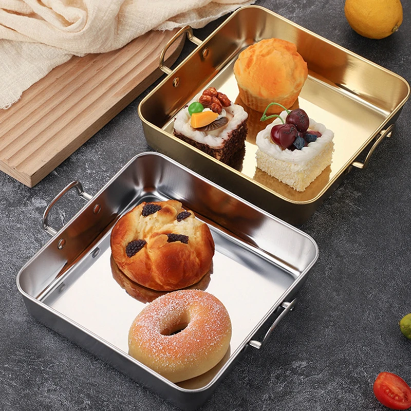 Stainless Steel Square Food Storage Serving Trays with Handle Fruit Bread Barbecue Plate Korean Chicken Fries Snack Dishes 5