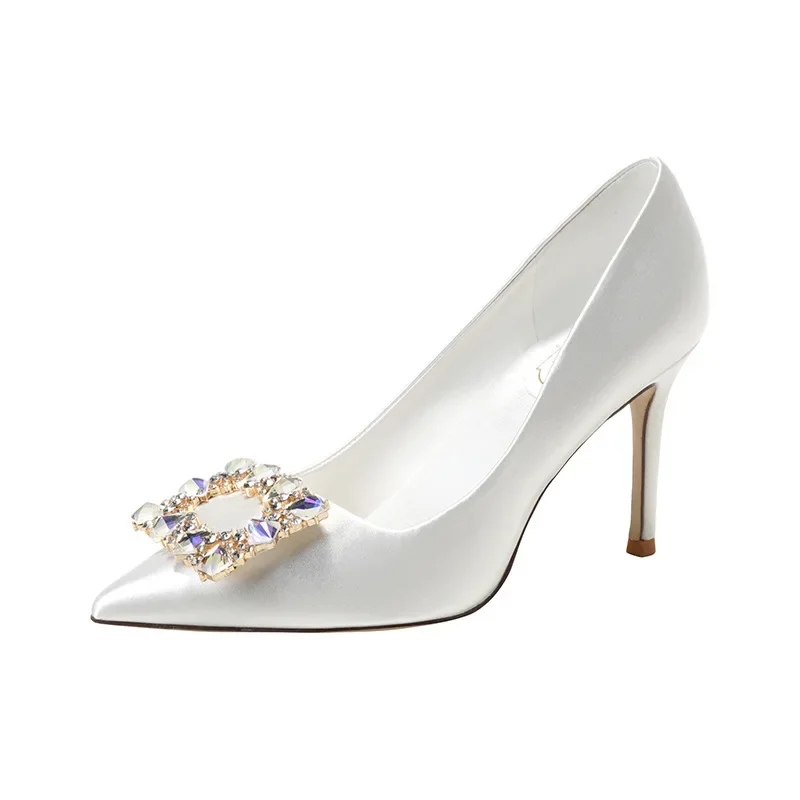 Satin Pure White Crystal Diamonds Large Heels Dress Wedding Dress Gentle Bridal Wedding Shoes