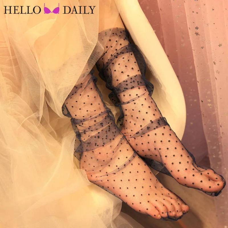 

1pair Sexy Dot Lace Socks for Women Transparent Mesh Ankle Socks Ladies Ultra-Thin Princess Tulle Socks Female