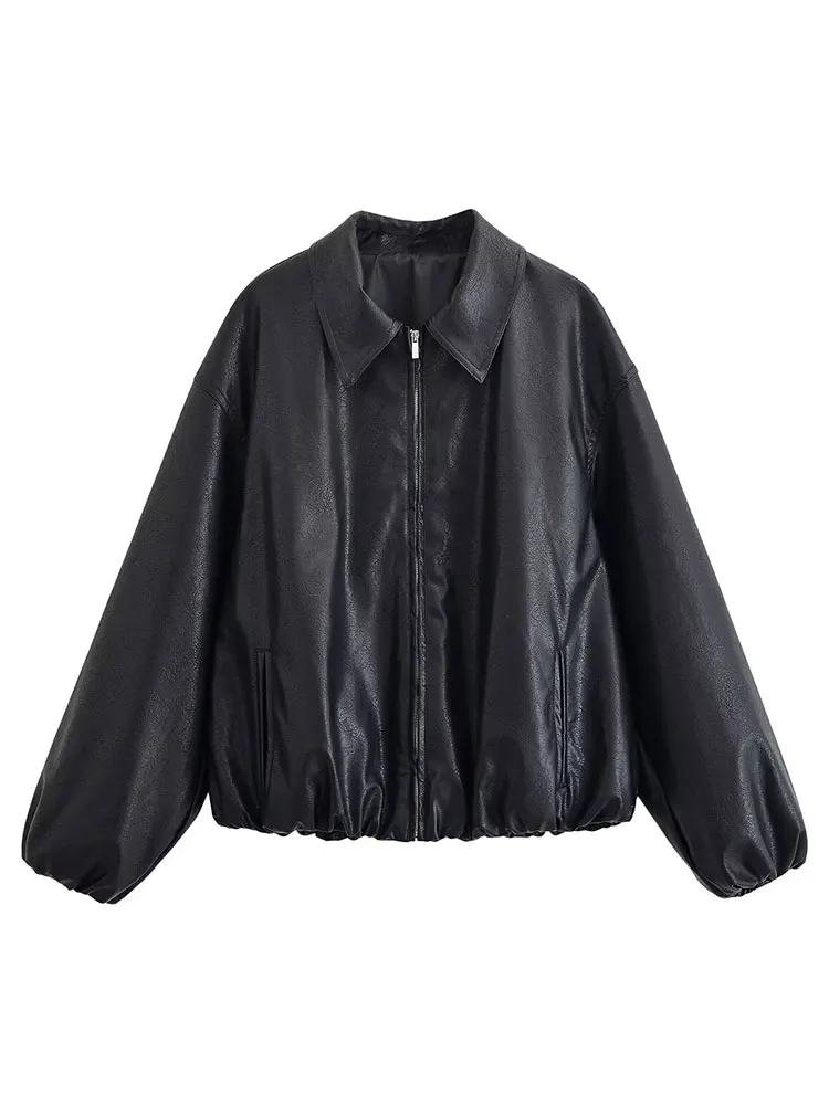 HH Women Fashion Elegant Faux Leather Jacket Vintage Solid Long Sleeve Zipper Bomber Jackets Autumn High Street Lady Chic Coat