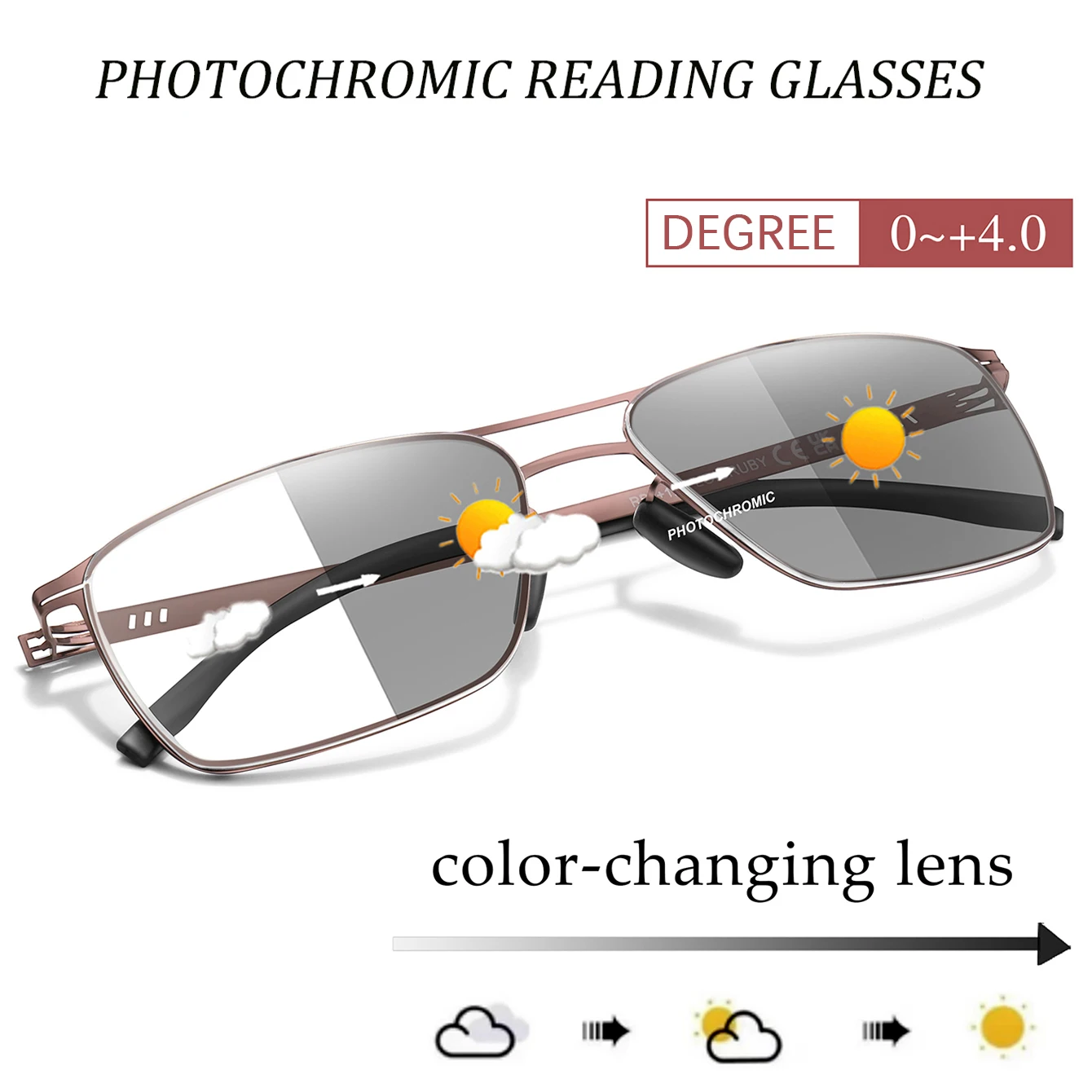 Metal Anti-Blue Light Photochromic Reading glasses Rectangular Eyewear Frame Presbyopic Unisex Surf Internet Read magazines
