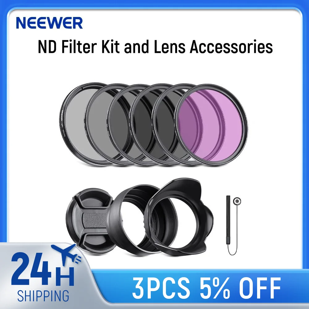 NEEWER 43mm Kit de filtres ND : UV, CPL (polarisant Circulaire), FLD, ND2, ND4, ND8, Pare-Soleil et Bouchon d'Objectif. Compatible avec Canon, Nikon, Sony et Panasonic DSLR