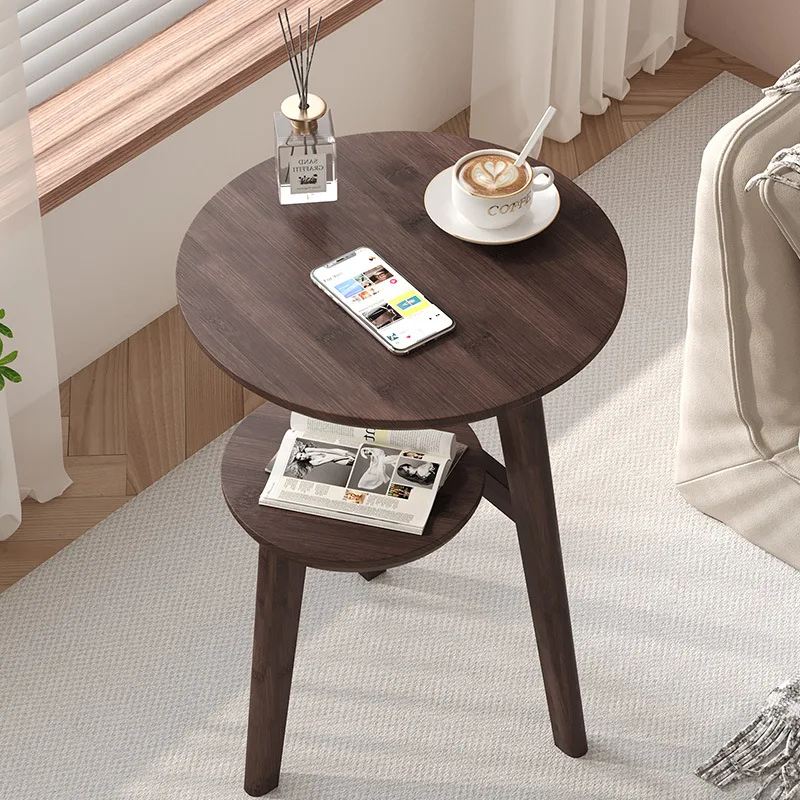 Creative Two Layers Coffee Table Sofa Side Bamboo Round Table Movable Living Room Balcony Corner Tables