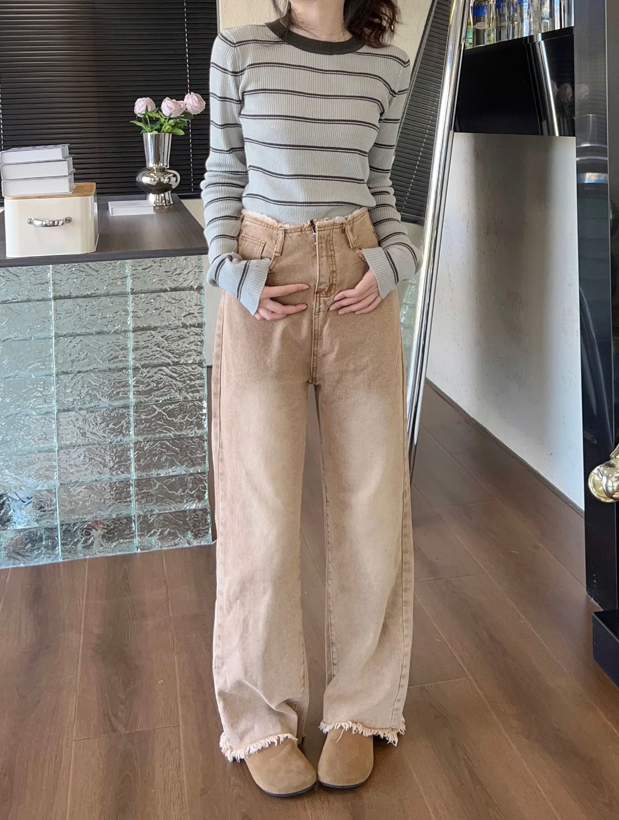 

Khaki High Waist Vintage Tassel Women Jeans Spring Autumn Casual Straight Baggy BF Slim Wide Leg Jeans Pants