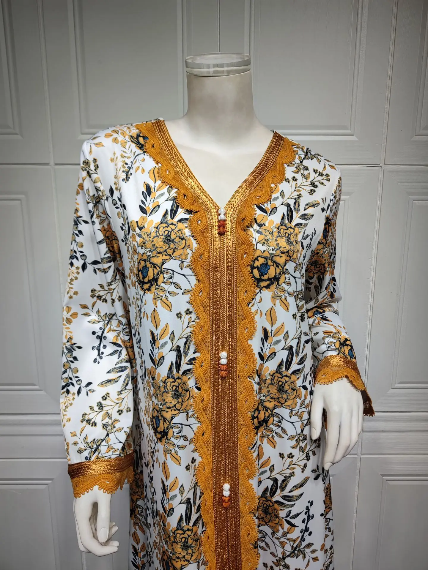 Ramadan Ethnic Printed Long Dresses Floral Embroidery Guipure Lace Panel Party Dress Islam Muslim Women Clothing 2024 Spring