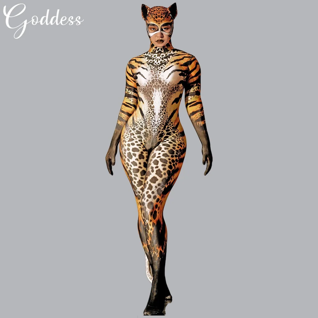 Sexy Leopard Role Playing Jumpsuit Women Elastic Tights Full Cover Bodysuit  Halloween Party Animal Cosplay Costumes Stage Wear