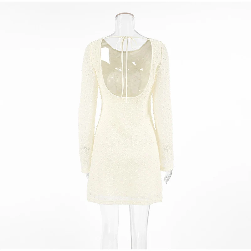 Sexy Backless Jacquard Mini Dress Women Flare Long Sleeve Lace Up O-neck Party Dresses 2025 Lady Slim Evening Beach Gowns New