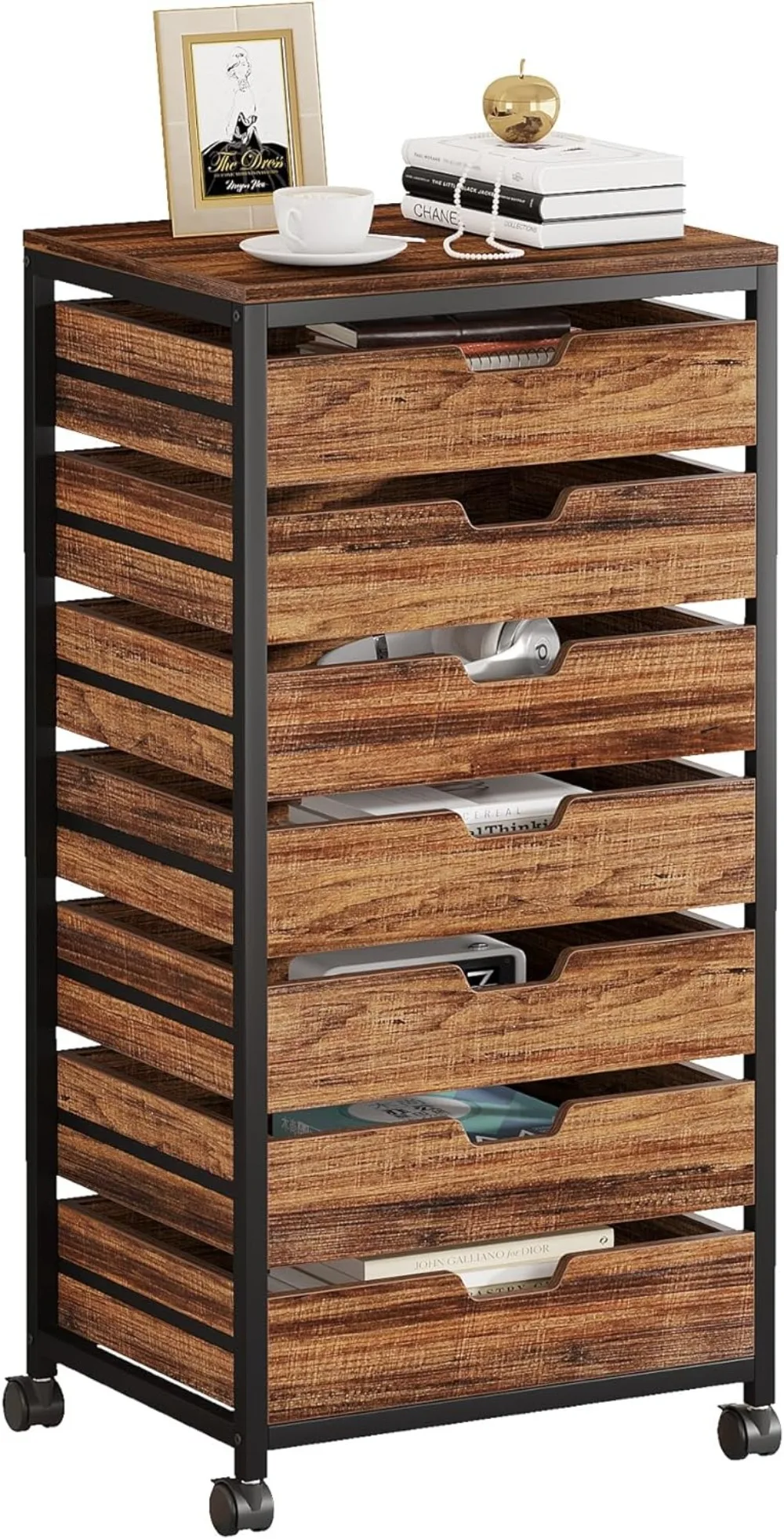 

7 Drawer Chest Wood Storage Dresser Cabinet with Wheels Storage Chest of Drawers for Office Bedroom Entryway, Rustic Brown
