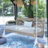 Teak Wood Outdoor Swing Daybed Oyster Cushion with Corrosion-Resistant Chains and Removable Cover Spacious 3-Seater Patio Swing 1
