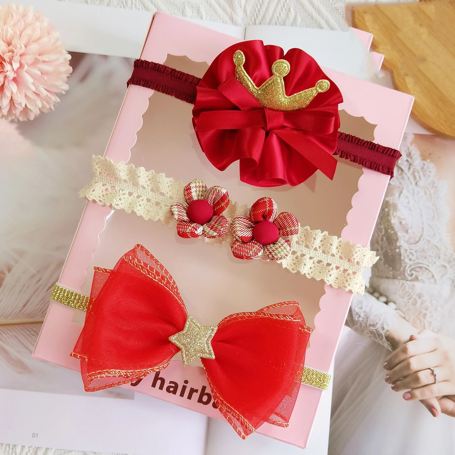 3Pcs/Set Flower Baby Girl Headband Lace Bow Crown Newborn
